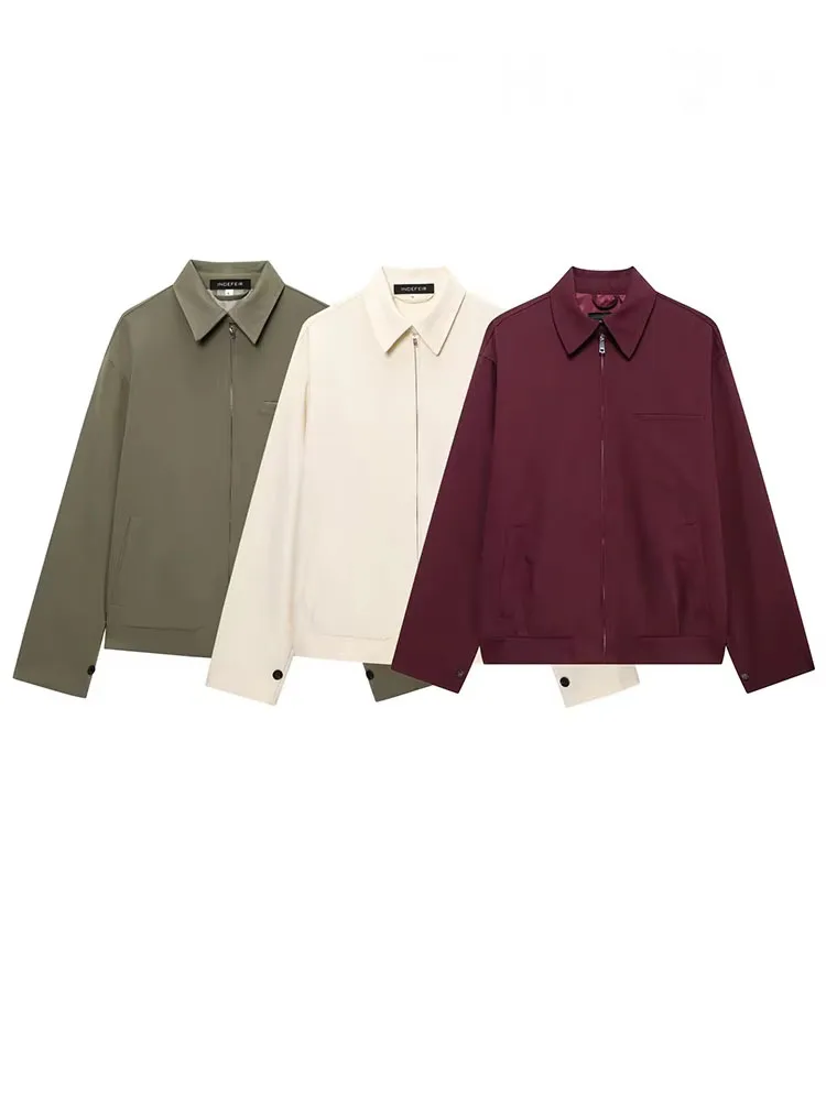 HH Women's 2025 Fashion Solid Lapel Front Zipper Pocket Coat Female Elegant Loose Slim Long Sleeve High Street Casual Jacket