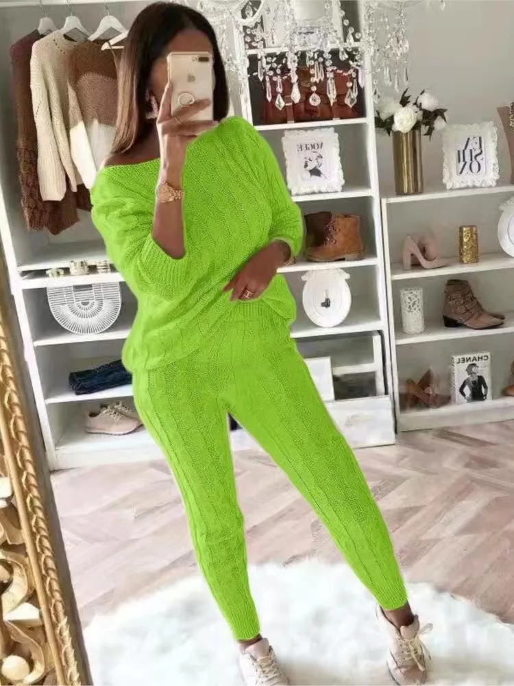 

Knitted Two-piece Set For Woman Autumn Winter Fashion Solid Color O-neck Pullover Skinny Pants Suit Ladies Casual Warm Outfit
