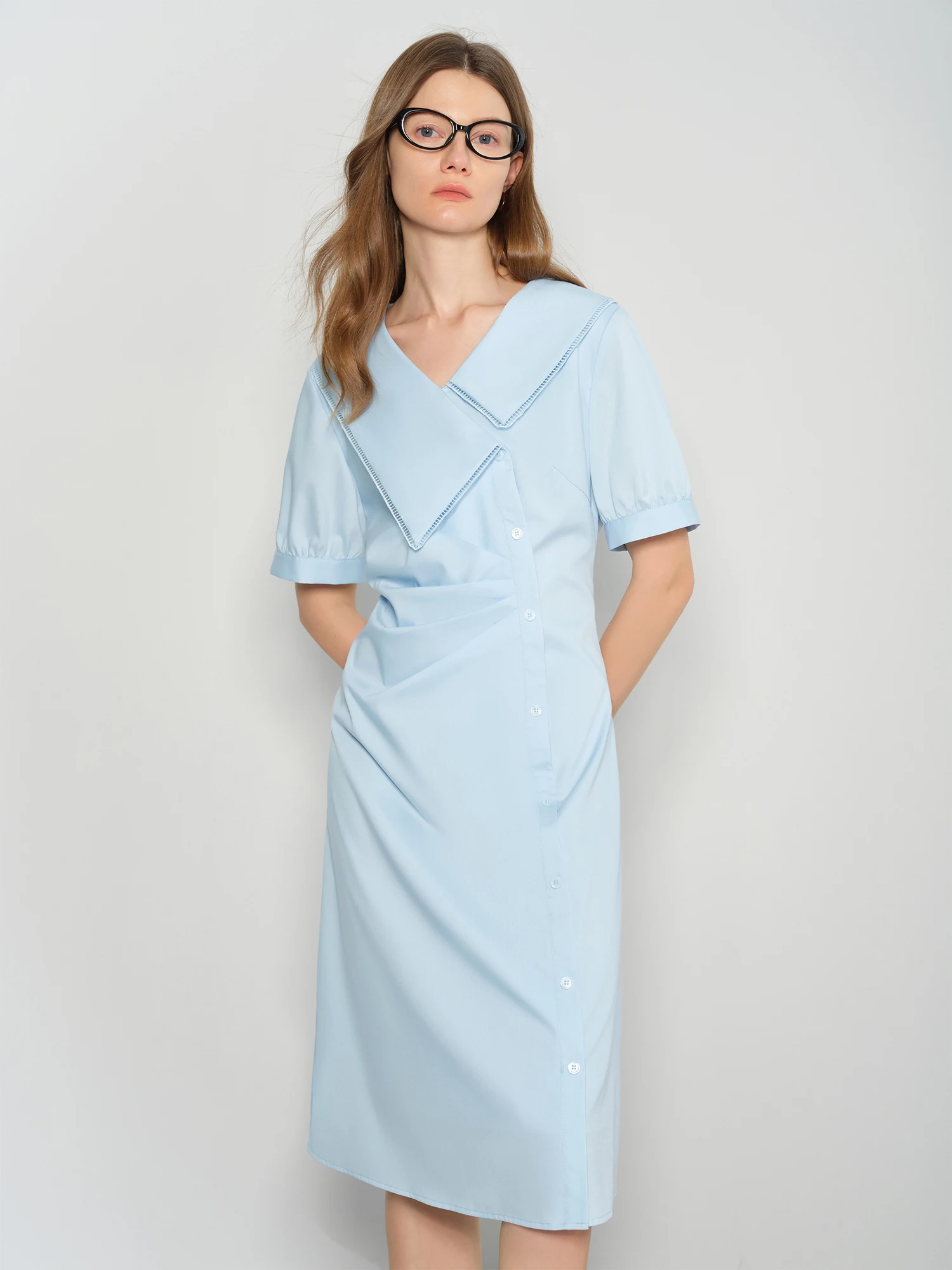 

DUSHU 2025 Summer Women's Oversized Collar Shirt Dress - Asymmetrical Hemline & Mid-Length Blue Casual Chic Dresses