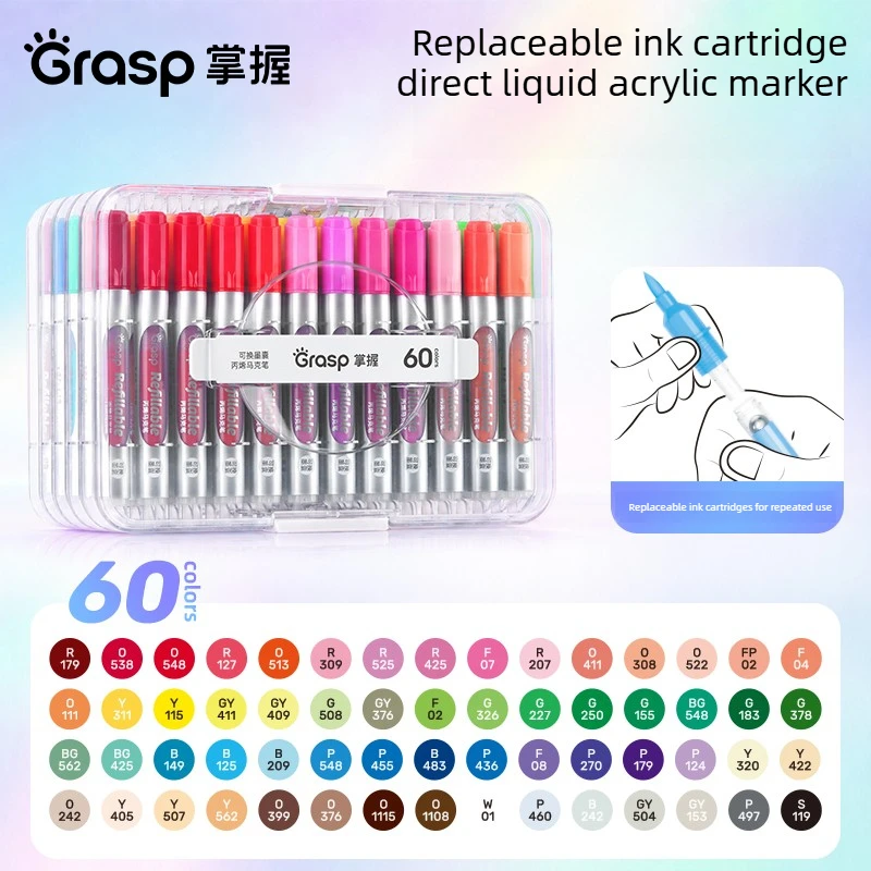 Grasp 60/24 Colors Refillable Direct Liquid Acrylic Marker Set Soft Tip Washable Brush Stationery Art Office School Supplies