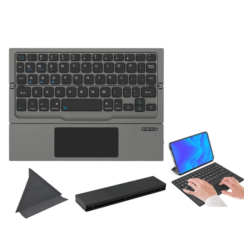 Leather Touch Foldable Keyboard Detachable Tri Fold Bluetooth Keyboard Portable Office Keyboard for Tablet Laptop