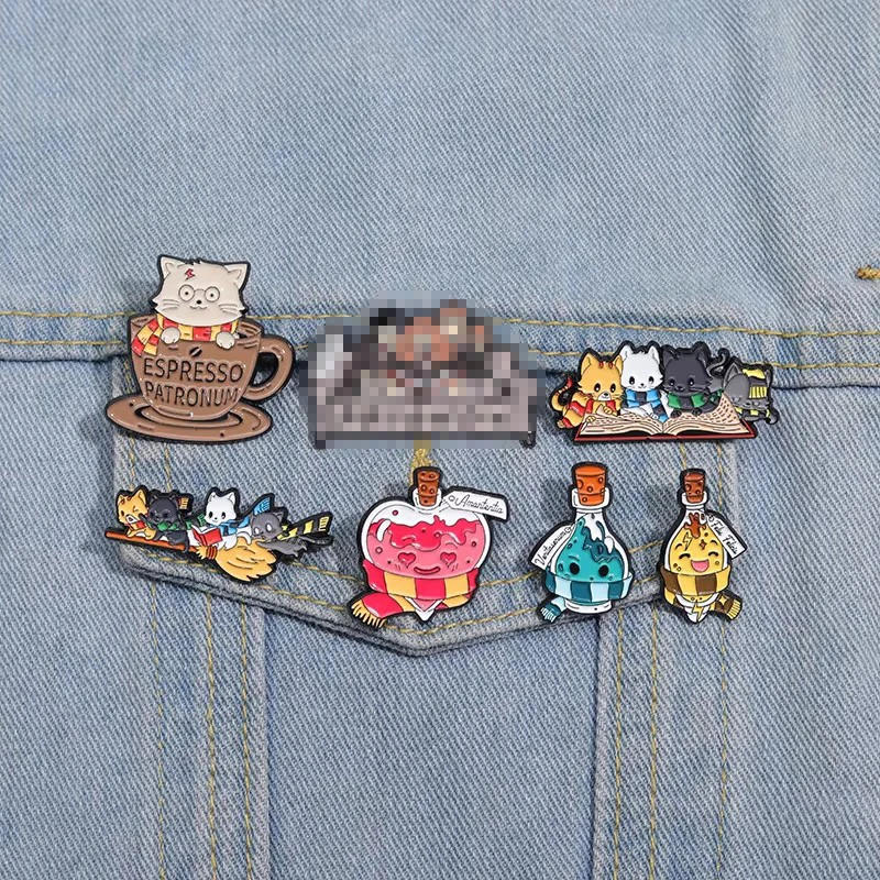 Cartoon Cat Magician Enamel Brooch Cute Magic Potion Pin Fiction Film Custom Lapel Badge Backpack Denim Jewelry Gift for Friends