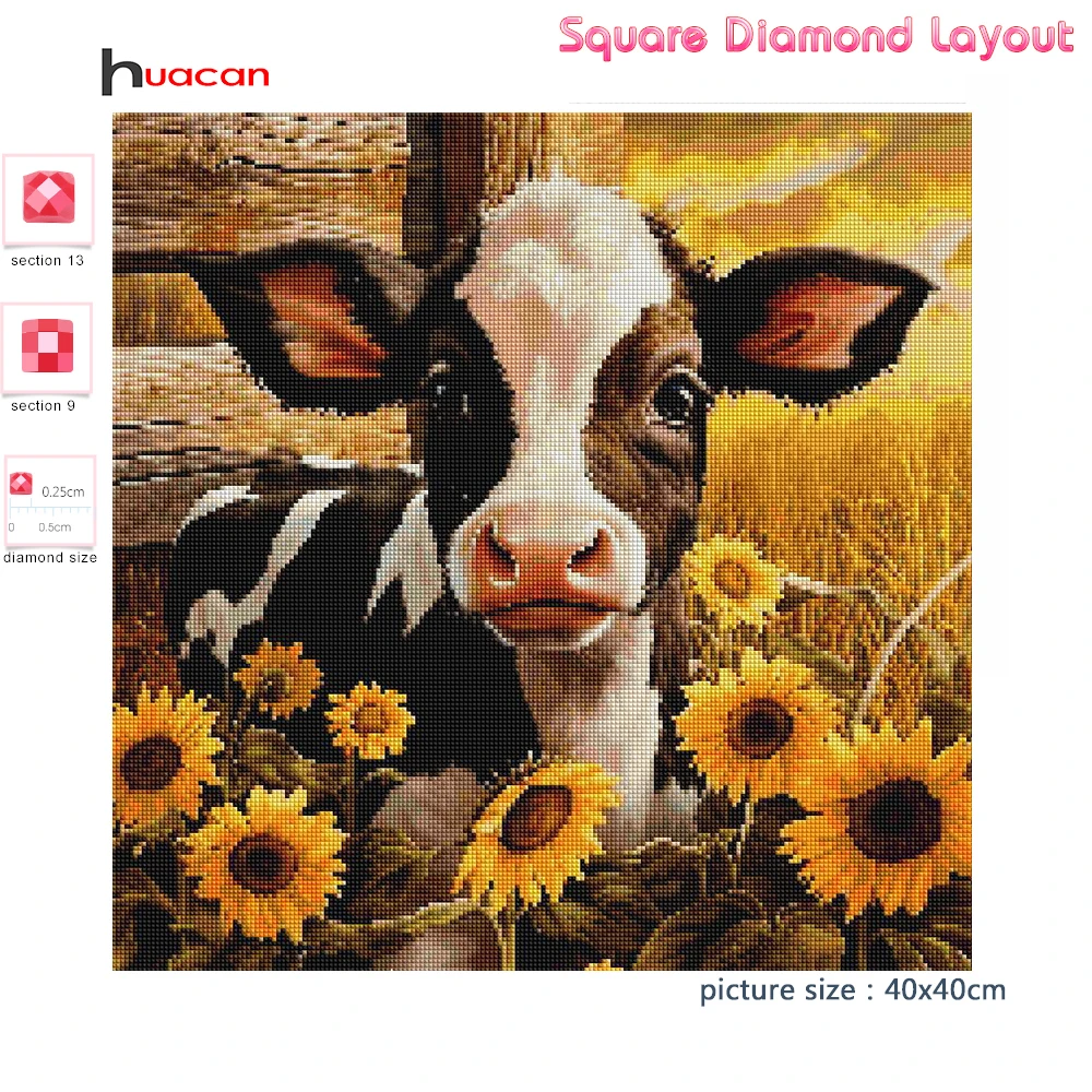 Huacan Full Square Round Diamond Art Painting Cow Sunflower Embroidery Mosaic Animal Home Decor