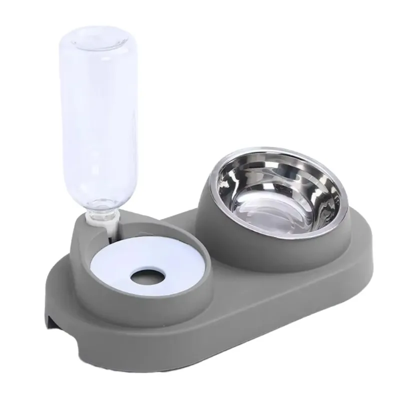 2-In-1 manual cat food feeder, made of plastic and 304 stainless steel, spill-proof design, neck protection