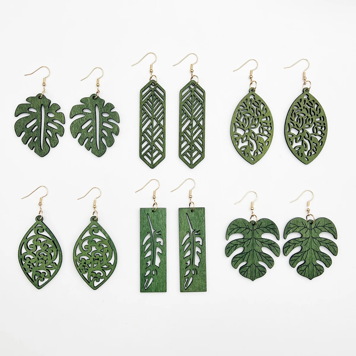 6 Pairs/Set of Green Cut Out Personalized Geometric Wood Earrings, Bohemian Creative Versatile Holiday Style Wood Earrings, Simp