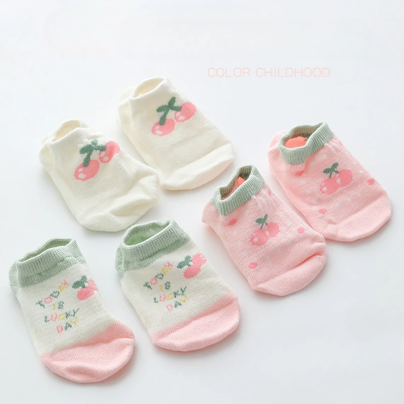 4PairsSummer Thin Korean Version of Instagram Girl Baby Breathable Cute Cartoon Cherry Girls Mesh Invisible Boat Socks