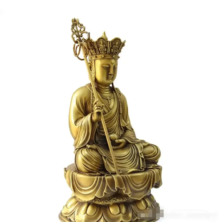 Pure brass Ksitigarbha Bodhisattva bronze seated statue, handicrafts, offerings, ornaments