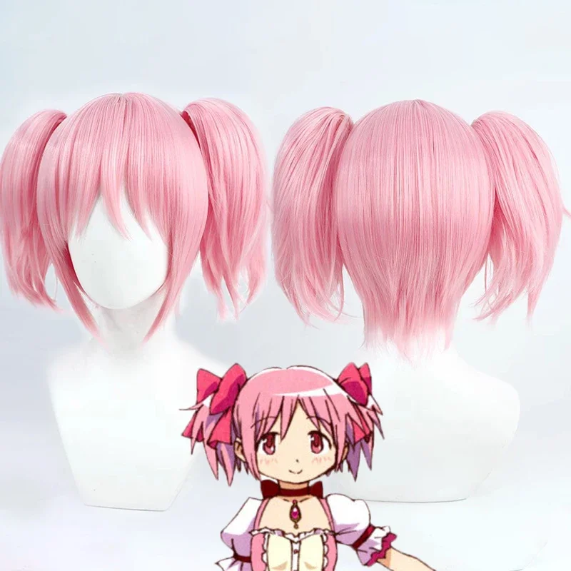 Anime Puella Magi Madoka Magica Kaname Madoka Cosplay Wig Women Girls Short Pink Ponytails Heat Resistant Hair Halloween Props