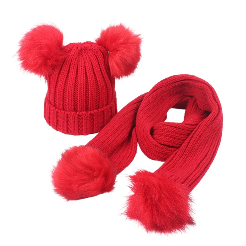 Toddler Kids Winter Warm Ribbed Knitted Beanie Hat with Long Scarf Set Solid Color Double Pom Pom Ears Cuffed Skull 2-8