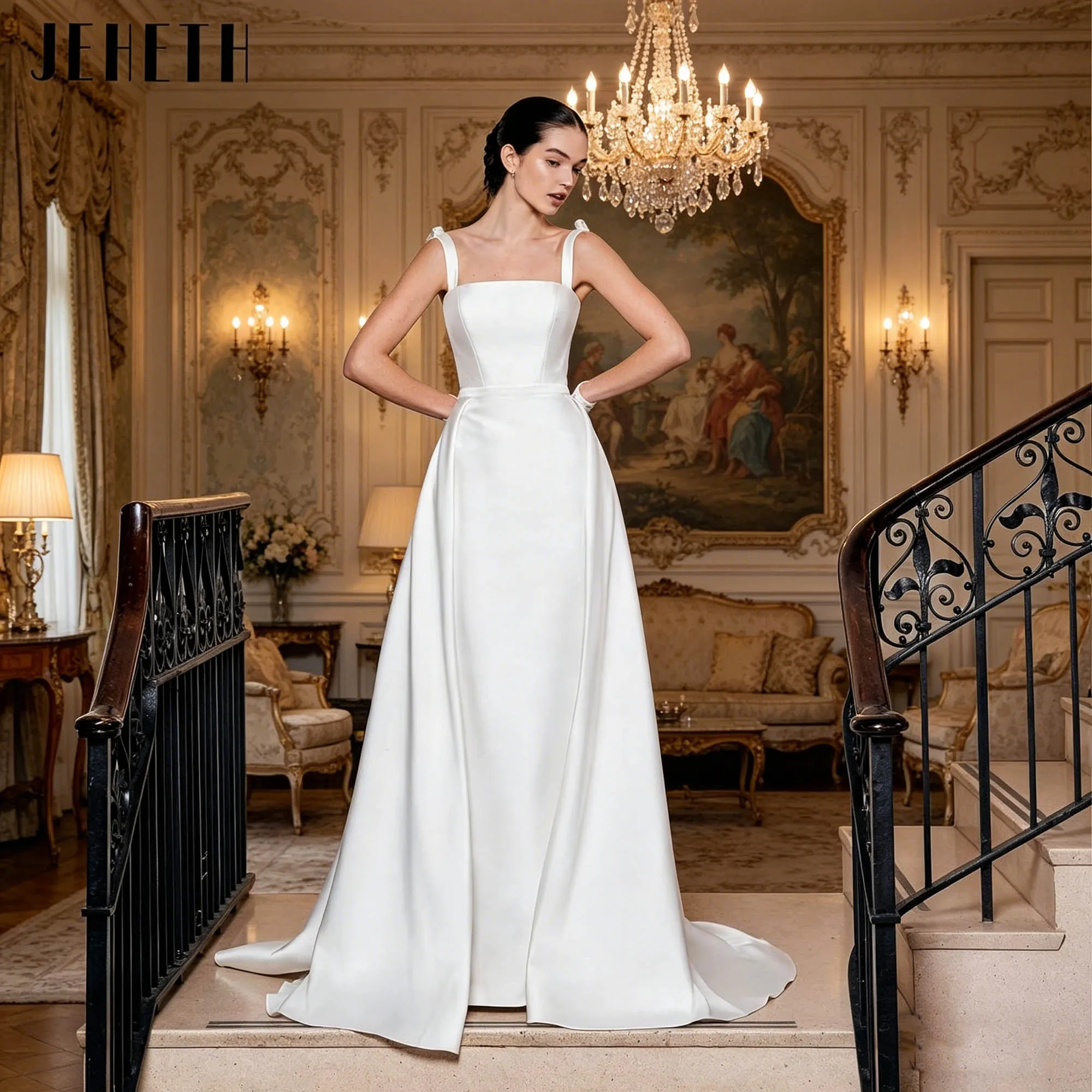 

JEHETH Simplicity Mermaid Wedding Dress With Detachable Train Square Neck Satin Bridal Gown Sleeveless robe de mariée Customized