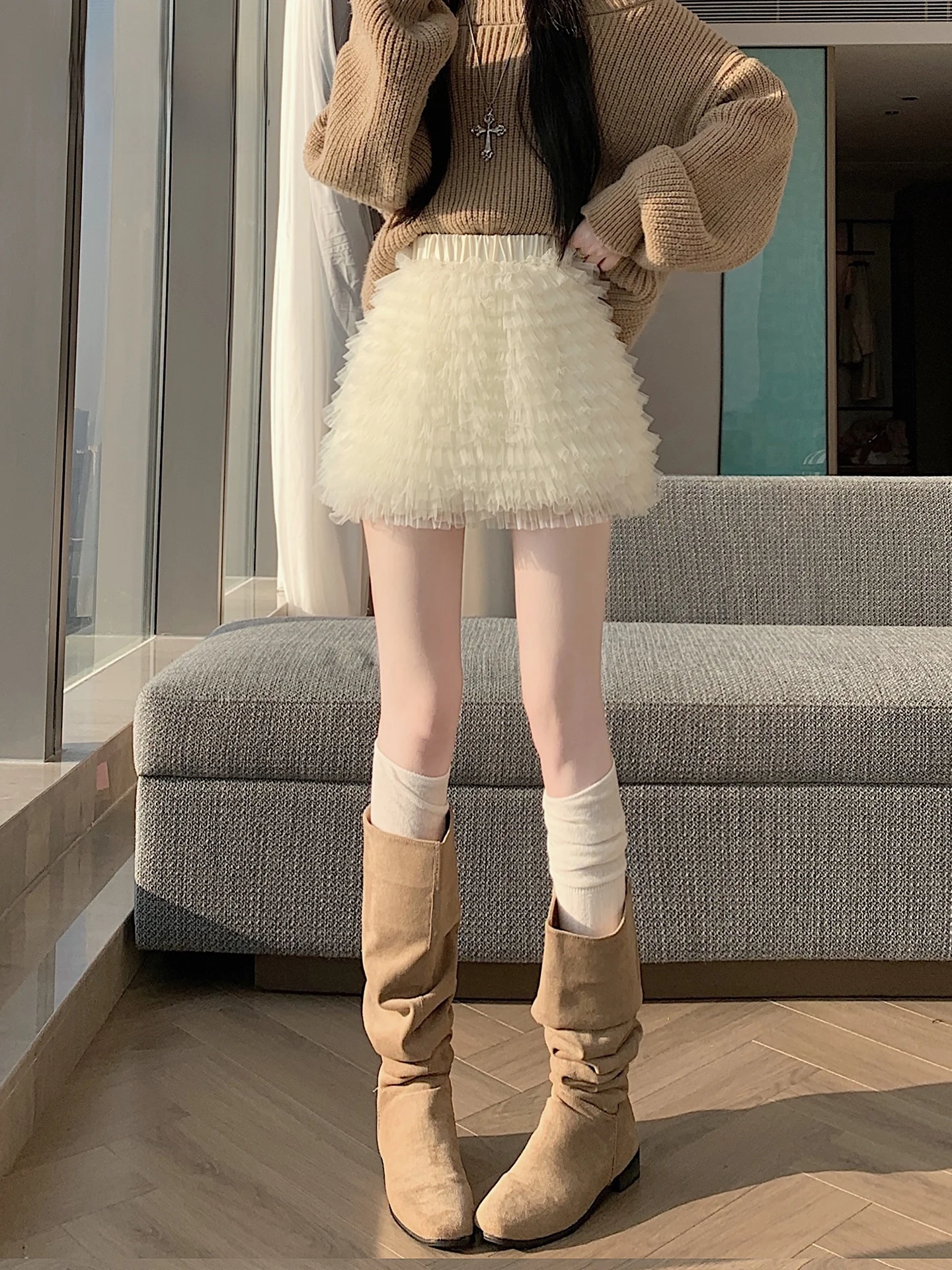白いふわふわショートスカート-レディース-ハイウエスト-aライン-ケーキ-ハーフ丈-バレエ風-夏-秋-冬-ファッション-通勤スカート