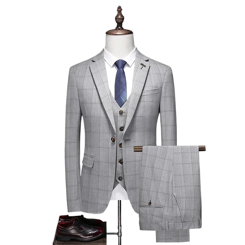 

Деловой повседневный клетчатый костюм (костюм + жилет + брюки) Высококачественный модный красивый костюм на пуговицах Корейская версия Облегающий комплект из трех предметов