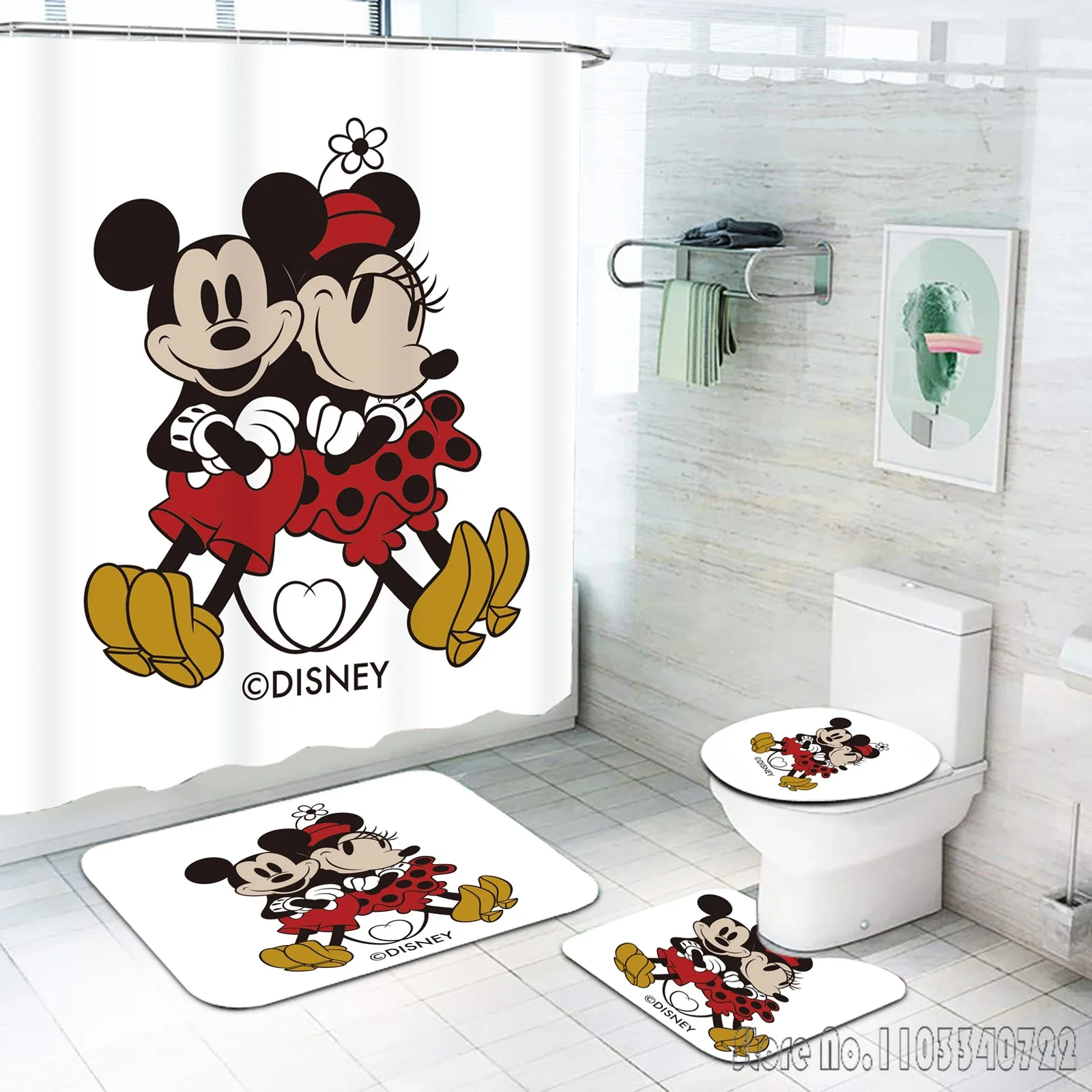 Mickey Mouse Disney Anime Bath Shower Curtain Set 4pcs with Hooks Waterproof Bathroom Toilet Mat Lid Decor