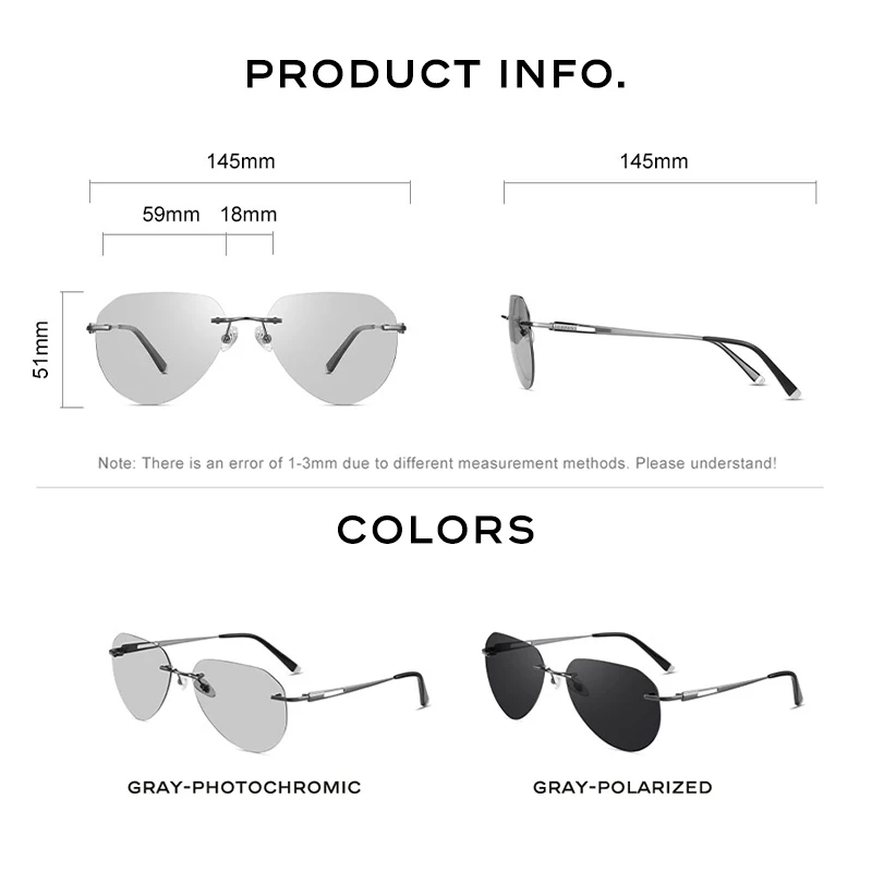 CAPONI Rimless Men\'s Sunglasses Polarized Photochromic UV400 Outdoor Driving Sun Glasses Titanium Alloy Fashion Eyewear BS22003