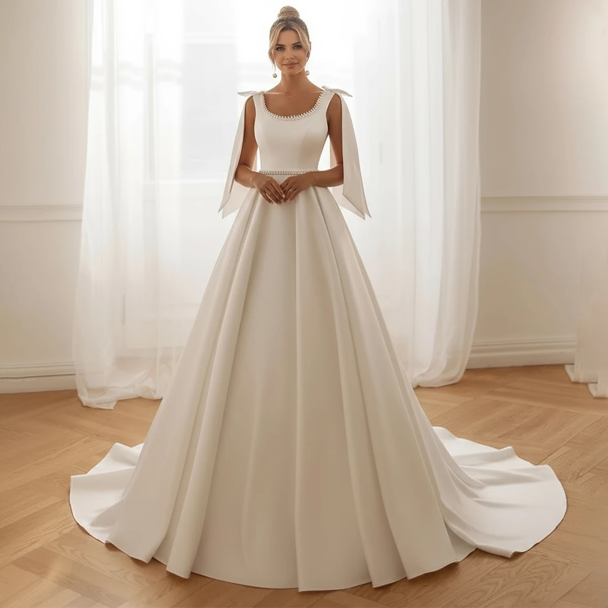 Clássico cetim cinta de espaguete longo vestido de baile vestidos de casamento com arco pérola vestido de noiva para mulheres novia