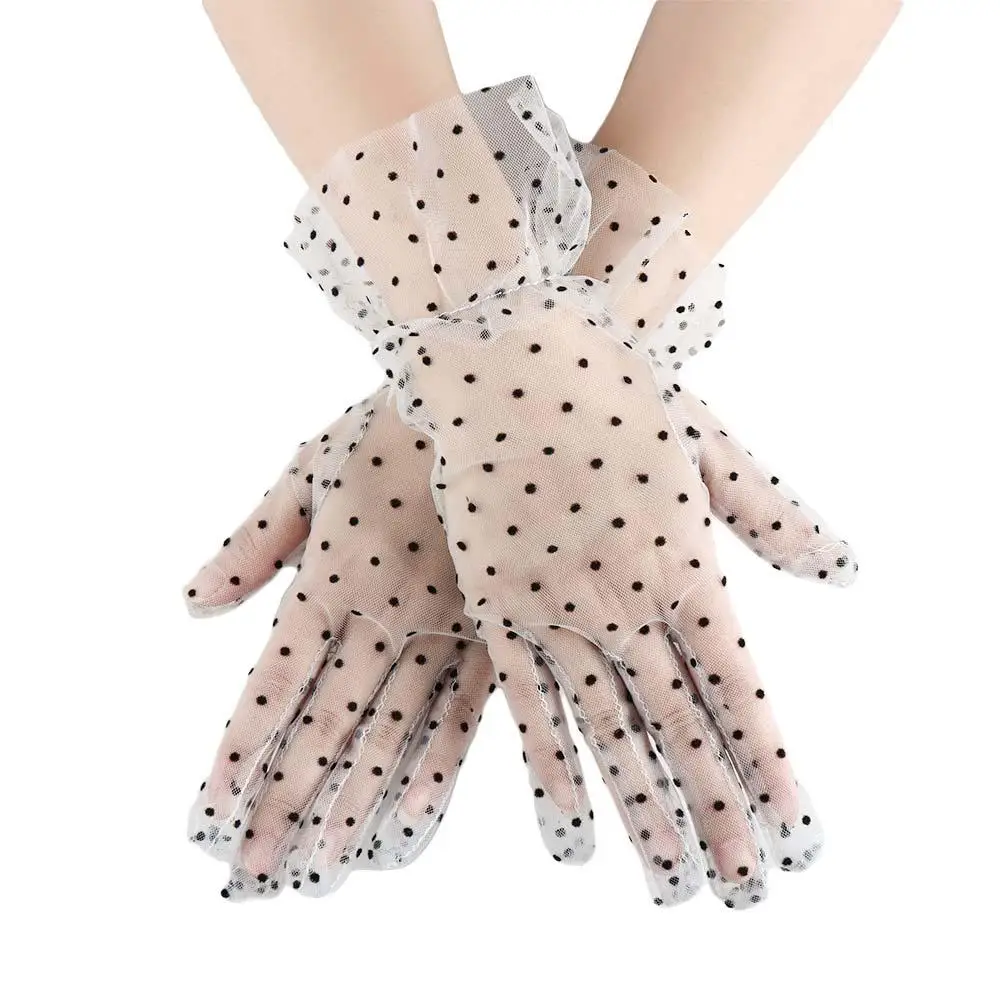 Tulle Autumn Summer Full Finger Lotus Leaf Stretchy Cycling Women Lace Gloves Korean Style Polka Dot Gloves Lace Gloves