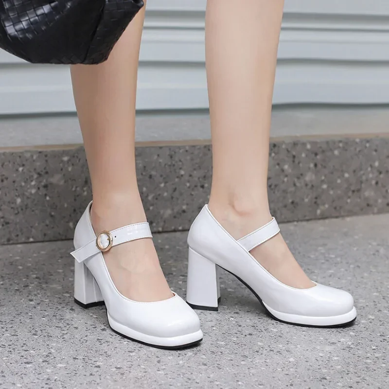 PU Patent Leather Green Navy Blue Closed Toe Mature Ladies Office Pumps Buckle Strap Vintage Women Mary Janes Shoes Block Heels