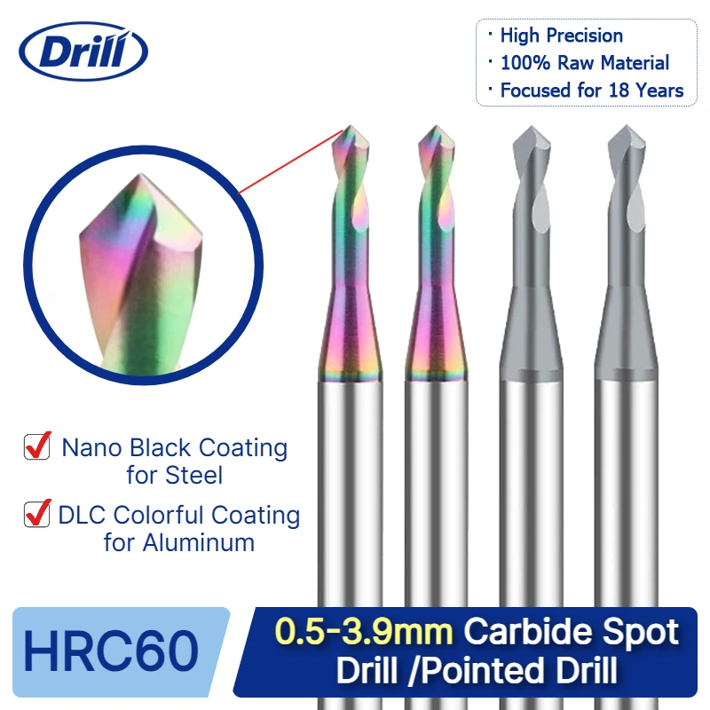 Coated Micro Centering Drill, 90° Chamfer & Pre-drilling, Solid Carbide, 0.5–3.9mm Range, 0.1mm Step, High Accuracy