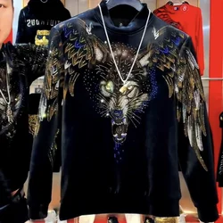 Men's Vintage Fashion Print Gold Velvet Thick Warm Sweatshirt Autumn Winter Male Round Neck Long Sleeve Slim Basic Pullover Tops