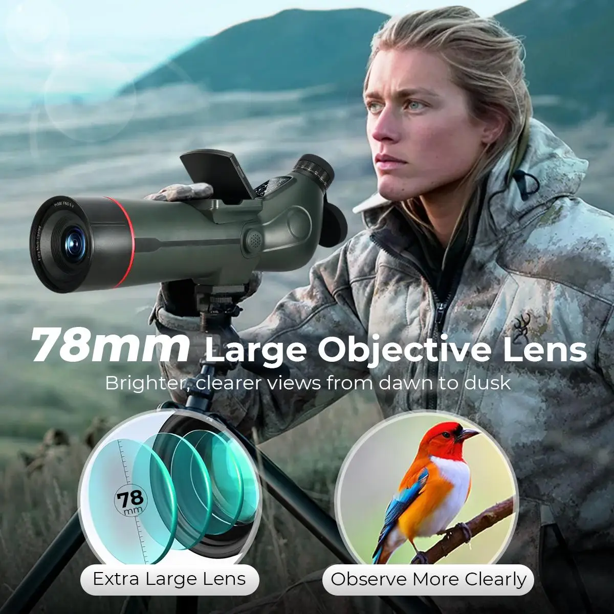 Spotting Scope Monocular Telescope with Camera 4K Video 30MP Photo 3in Display for Moon Star Bird Watching with Tripod 32GB Card