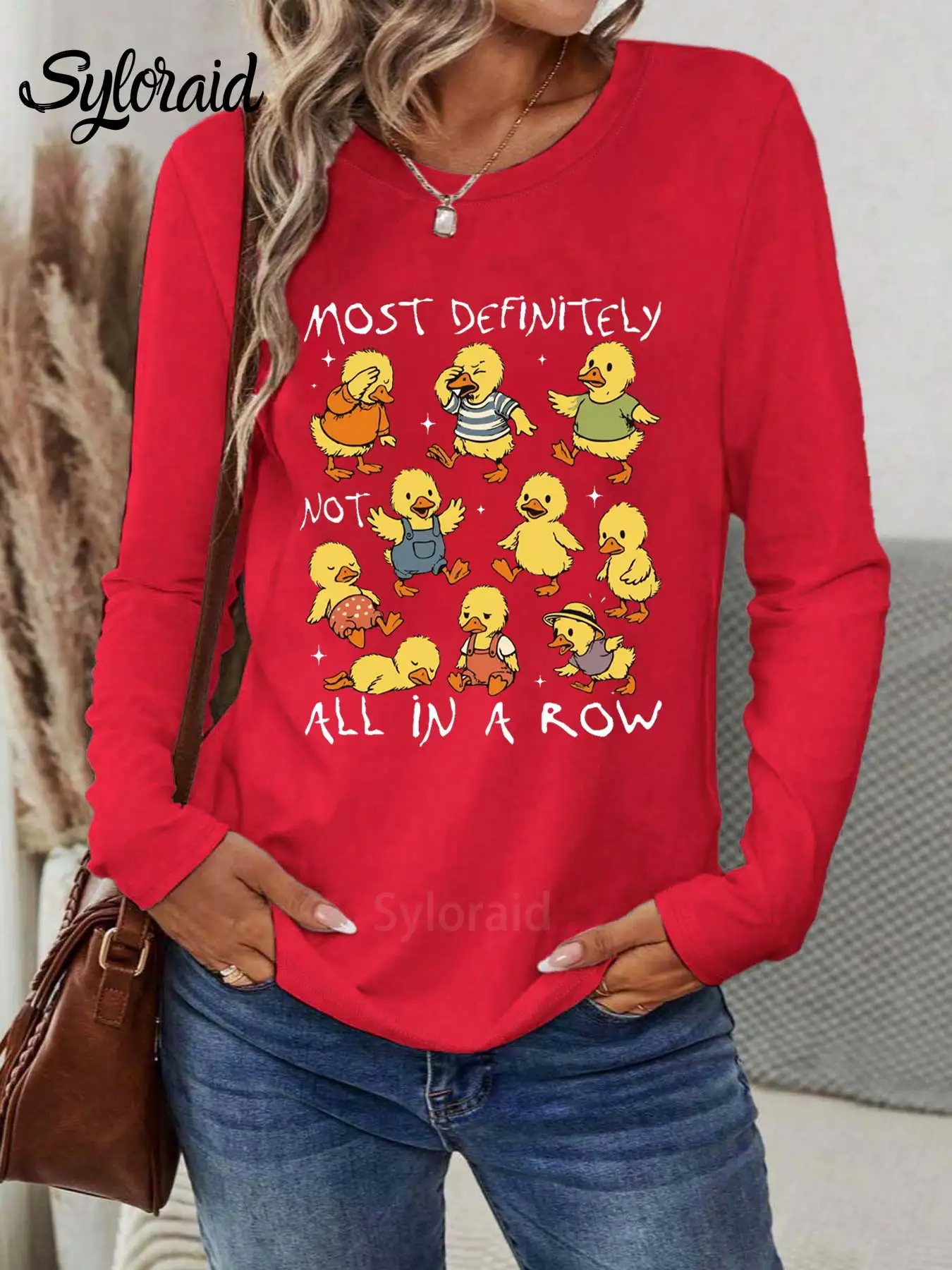 Langarm-T-Shirt für Damen. Definite Not All In A Row T-Shirt. Lustiges Enten-Humor-Shirt, modisches, lässiges Oberteil mit Rundhalsausschnitt