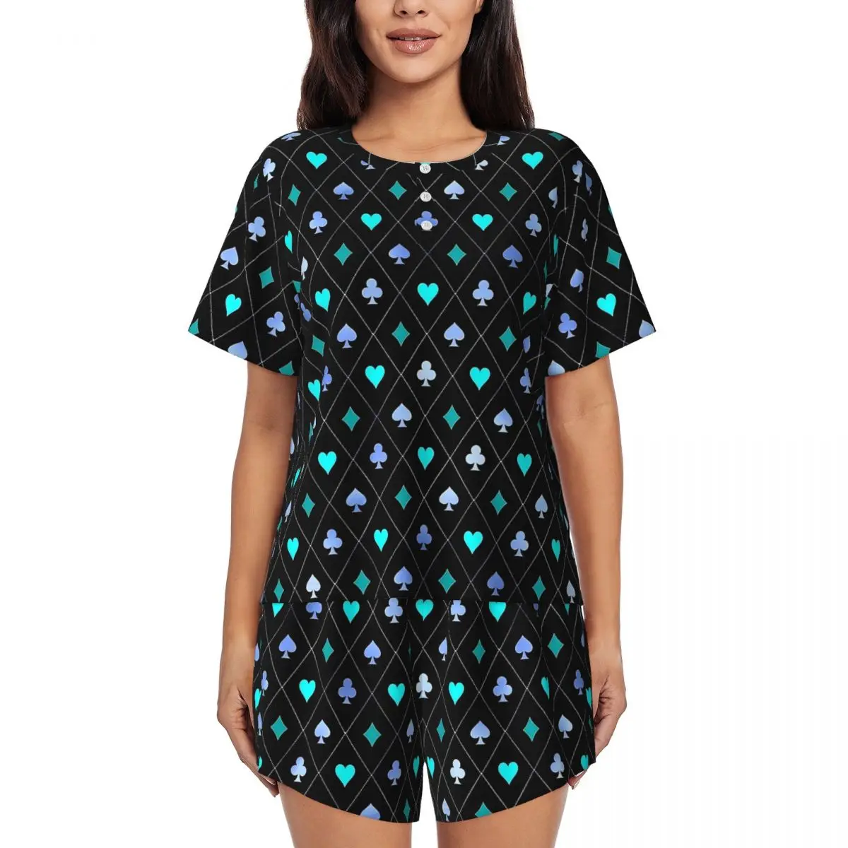 

Синие пижамы с игральными картами, летние пижамы из двух предметов с бриллиантами, клубы, пики, пижамные комплекты, женские пижамные комплекты с короткими рукавами и круглым вырезом, ночное белье