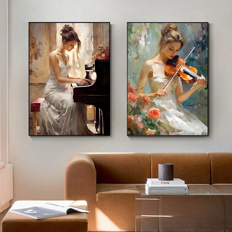 Vintage Elegant Woman Piano Violin Oil Painting Print on Canvas Music Art Figure Posters and Prints for Living Room Wall Deco