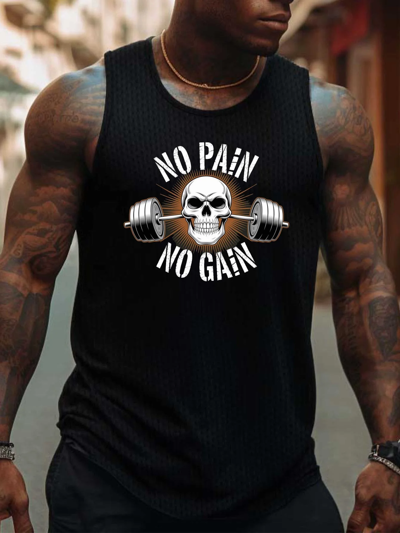 

"Non-painful and non-itchy" Skull Head Barbell Print Men's Tank Top | Casual Sleeveless Sports Top