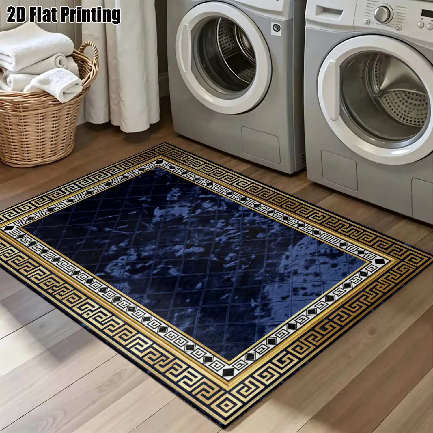 1Pc 2D Printed Navy Blue Geometric Carpet: European Modern Minimalist Luxury Floor Mat, Home Decor, Multi-Size, Machine Washable, for Entrance, Dining, Foyer, Study, Living Room, Bedroom