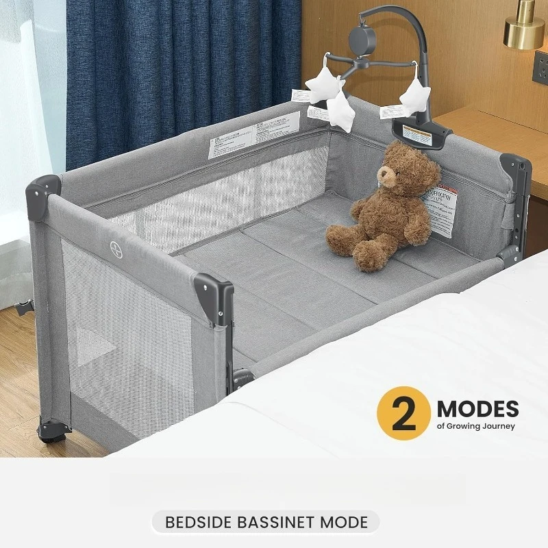 Tempat Tidur Bayi 2-in-1, Playard dan Bassinet, Ranjang Lipat Portabel Mudah dengan Musik Mobile untuk Bayi Baru Lahir hingga Balita (Abu-abu)