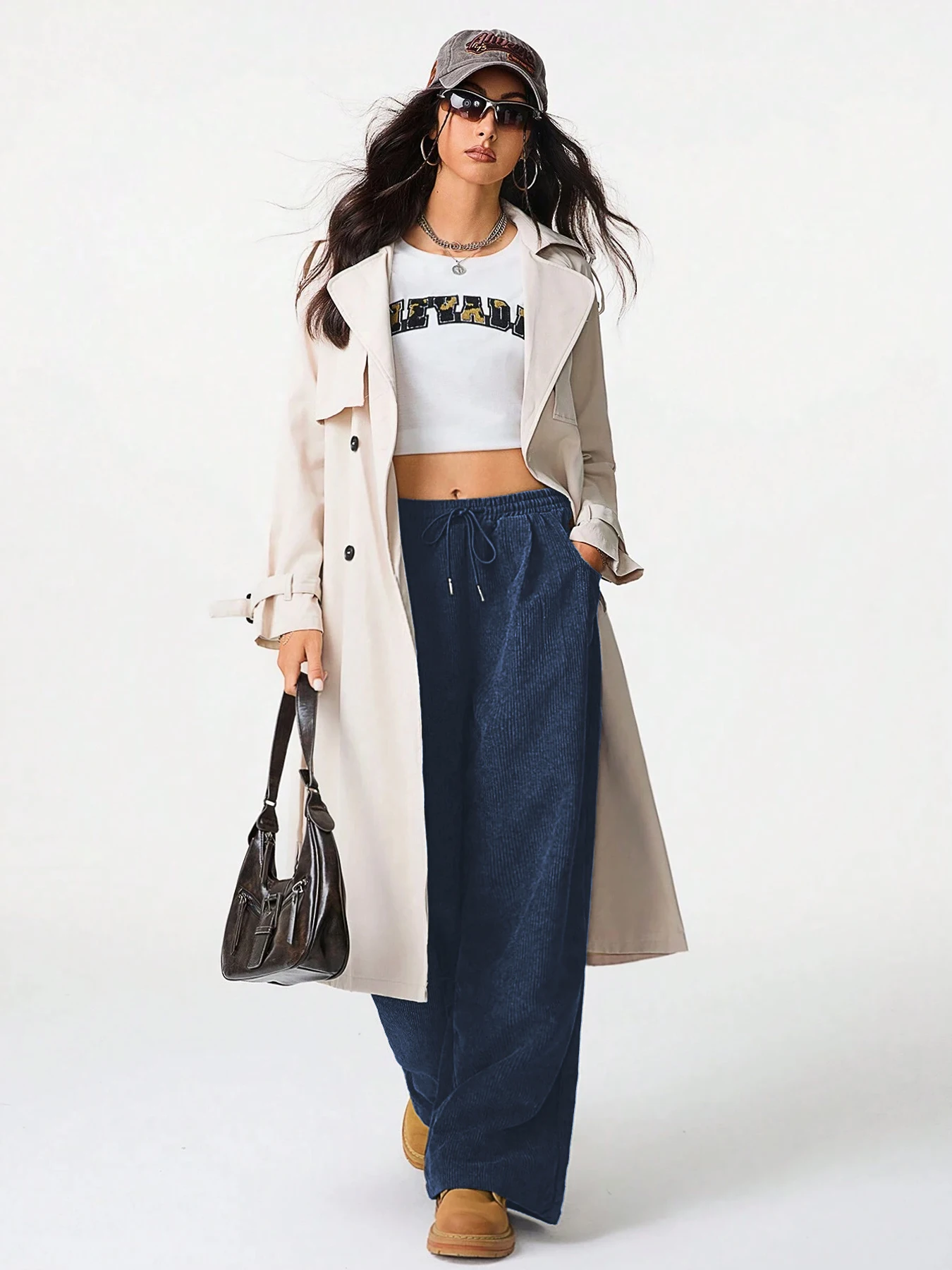 Damen Retro Cord Cargo-Hose Lässige Kordelzug Gerade Sporthose Fließende Alltags-Pendlerhose mit Weitem Bein – Detail 31