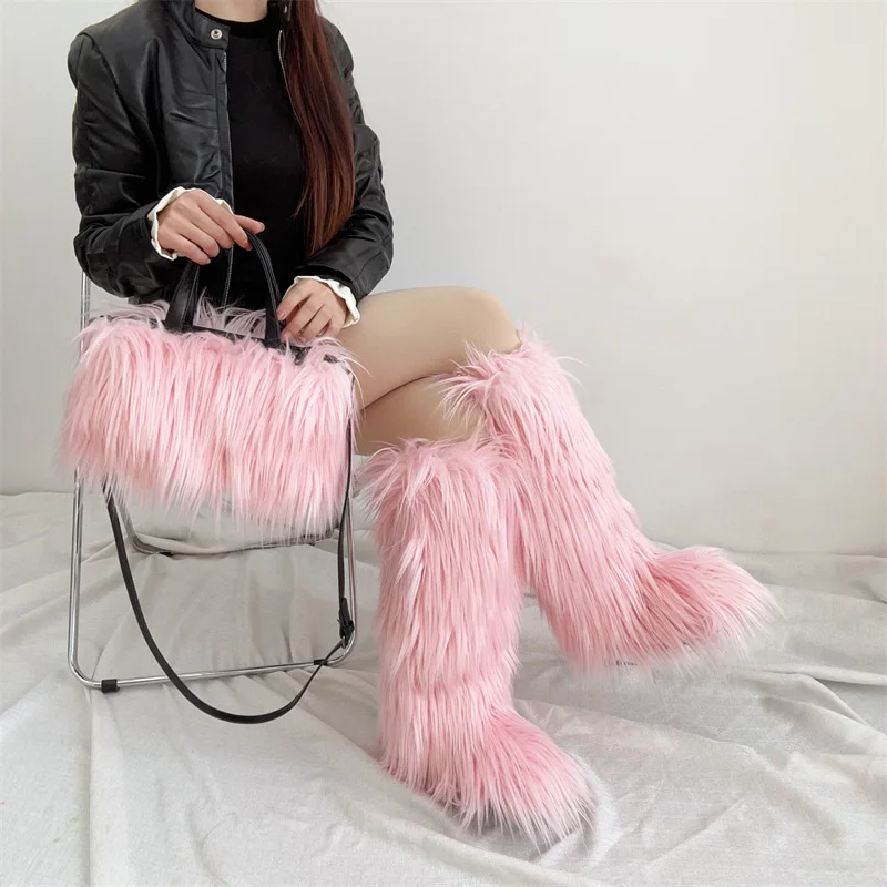 Women's Long Boots Winter 2024 New High-heeled Snow Boots Knee-high Snow Boots Fashion Fur Handbag Plush Wool-like Suit