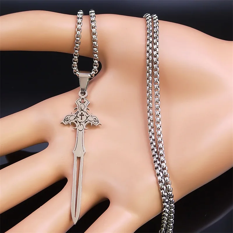 Cross Sword Pendant Necklaces for Men Women Stainless Steel Silver Color Gothic Necklace Jewelry collier acier inoxydable femme