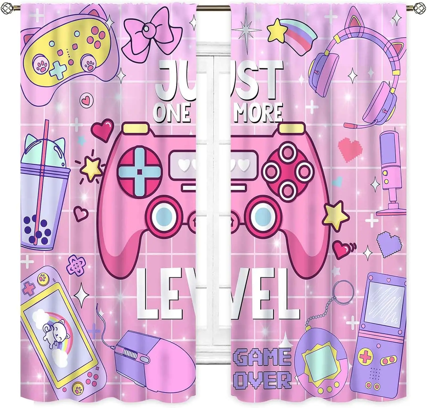 Pink Gaming Controller Curtains for Girls Room, Cute Anime Gamer Drapes, Kids Teens Bedroom & Playroom Window Panels