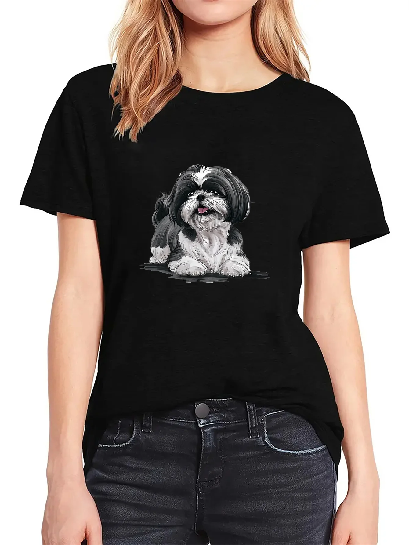 Camiseta casual con cuello redondo para mujer con estampado de perro Shih Tzu: camiseta suave, elástica media y de manga corta para todas las estaciones