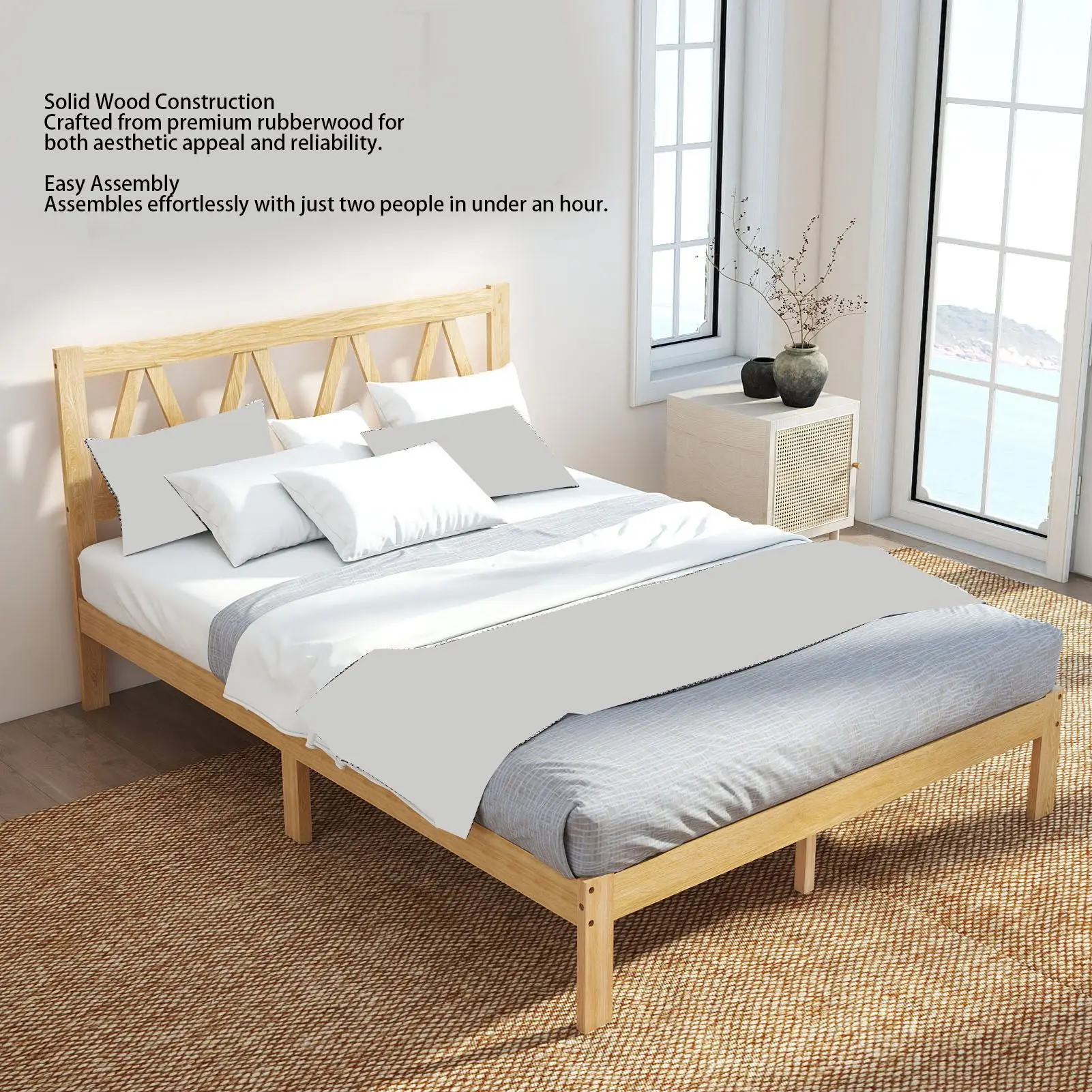 US Wood Bed Frame Full Size Bed Frame Strong Load Bearing Easy Assembly Minimalist Wood  Bed Frame for Home Bedroom
