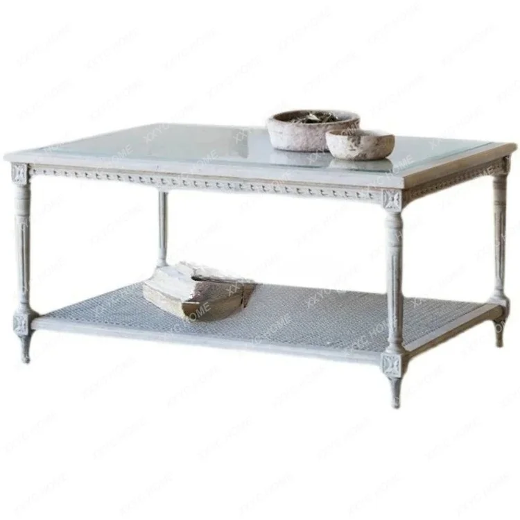 Living Room Square Solid Wood Coffee Table Vintage Glass Top Tea Table