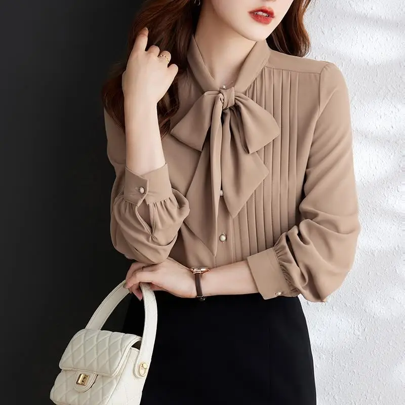 

Women's Autumn Fashion Office Lady Simplicity Solid Color Long Sleeve Chiffon Shirts Women Clothes Elegant Temperament Tops