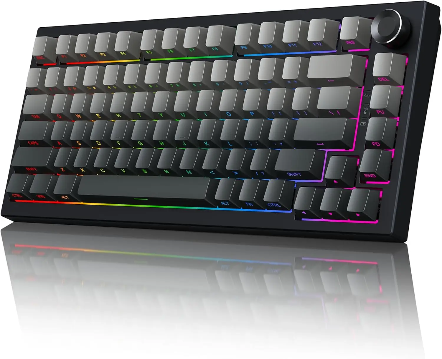 

Wireless Mechanical Gaming Keyboard 75% Layout, Bluetooth/2.4GHz/USB-C, Hot Swappable, RGB Backlit, Knob, Black Gradient Gray