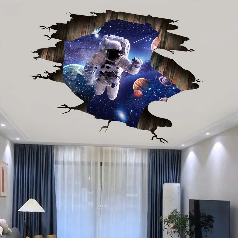 ملصقات حائط مكسورة من الفينيل لرائد الفضاء ثلاثية الأبعاد بتصميم كوكب مرصع بالنجوم ديكورات منزلية لغرف الأطفال ورق حائط للسقف