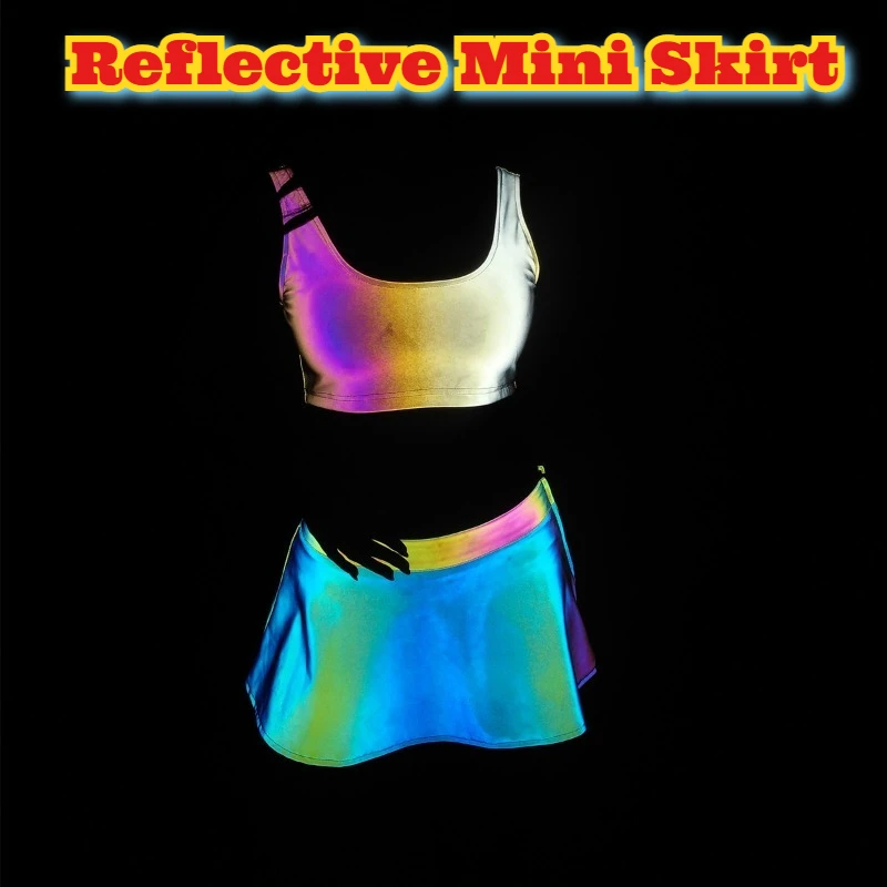 

Colorful Reflective Mini Skirt Women Kawaii Japanese Style Plaid Skirt Side Zipper Club Night Partywear Rave Outfit Skater Skirt