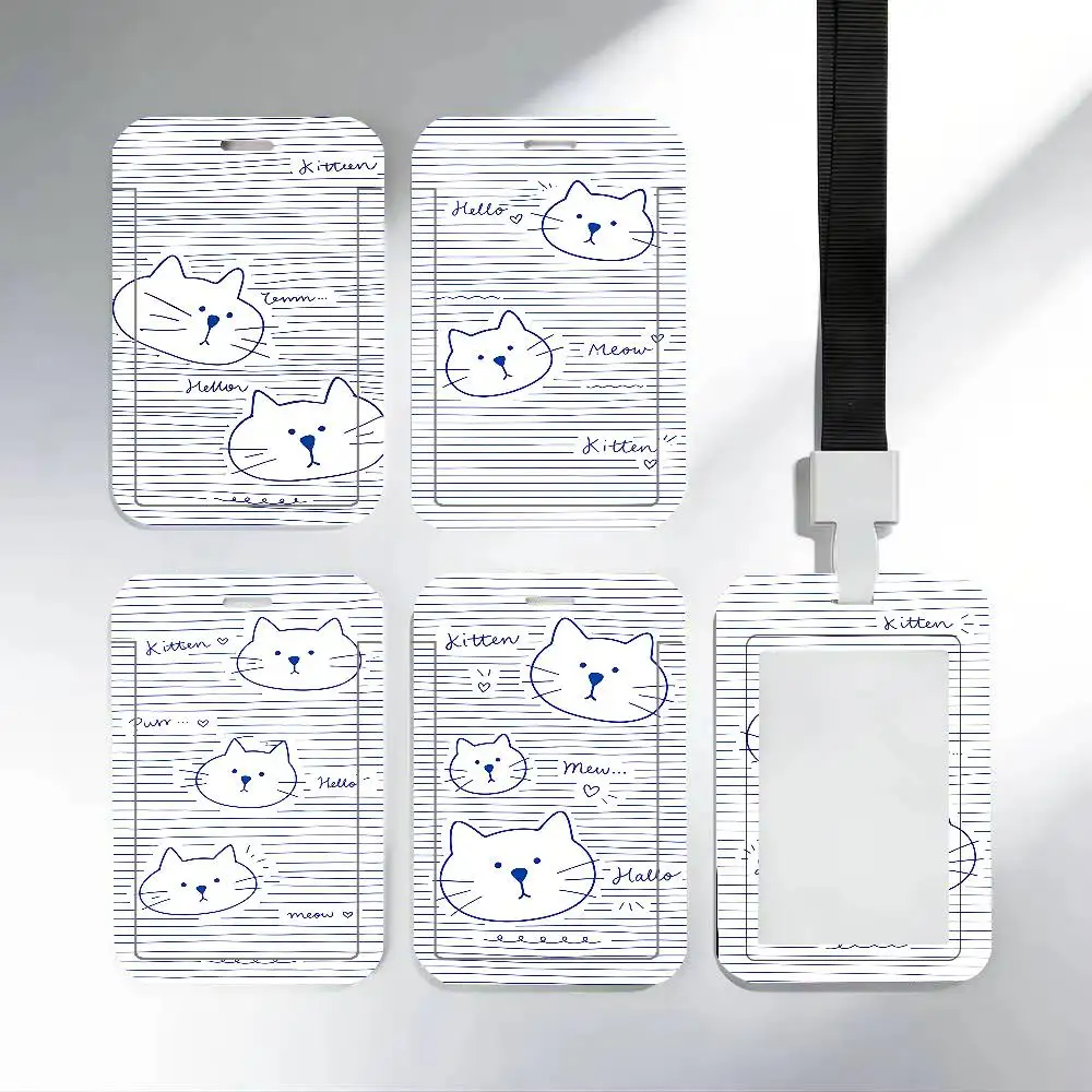INS Blue White Line Kitten Head ID Card Holder PVC Badge Holder With Lanyard Slot Student Bus Card Cover Office Work Card Case