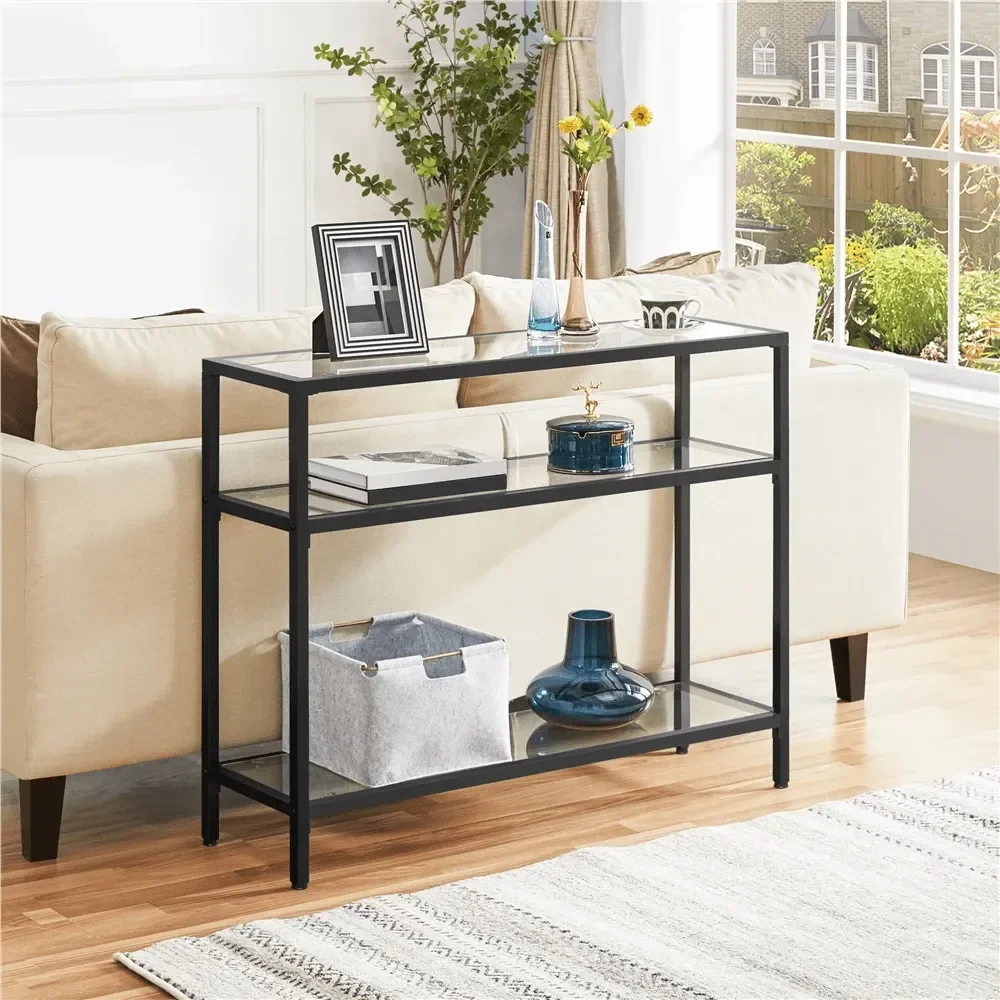 

3Layer Console Table Tempered Glass Sofa Table With Sturdy Metal Frame Modern Porch Table With Storage Shelf Glass Entryway Tab