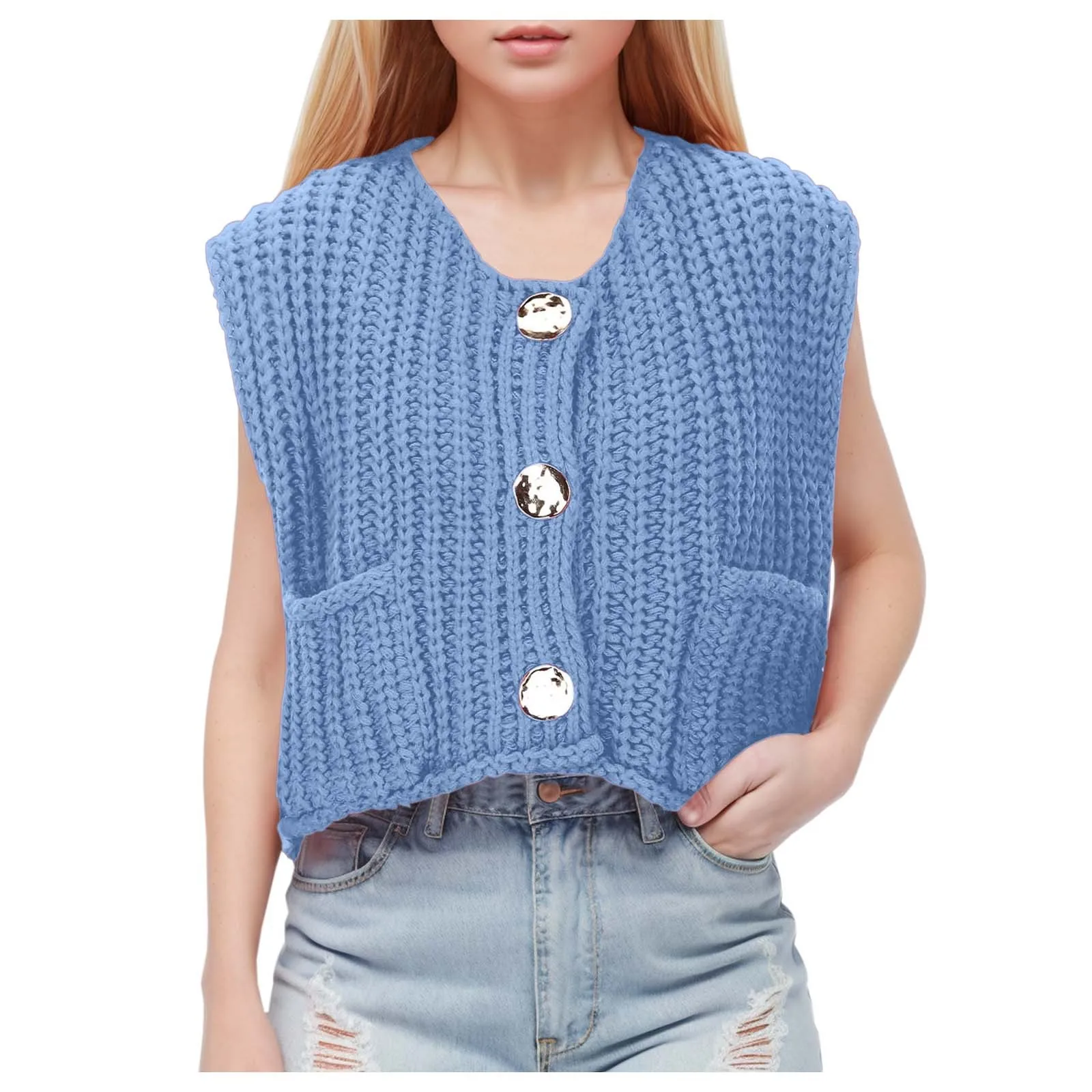 

Women's Knit Cardigan Vest Short Outerwear Sleeveless Solid Color Pocket Spring Summer Clothing Coat Jacket Fashion Casual Tops