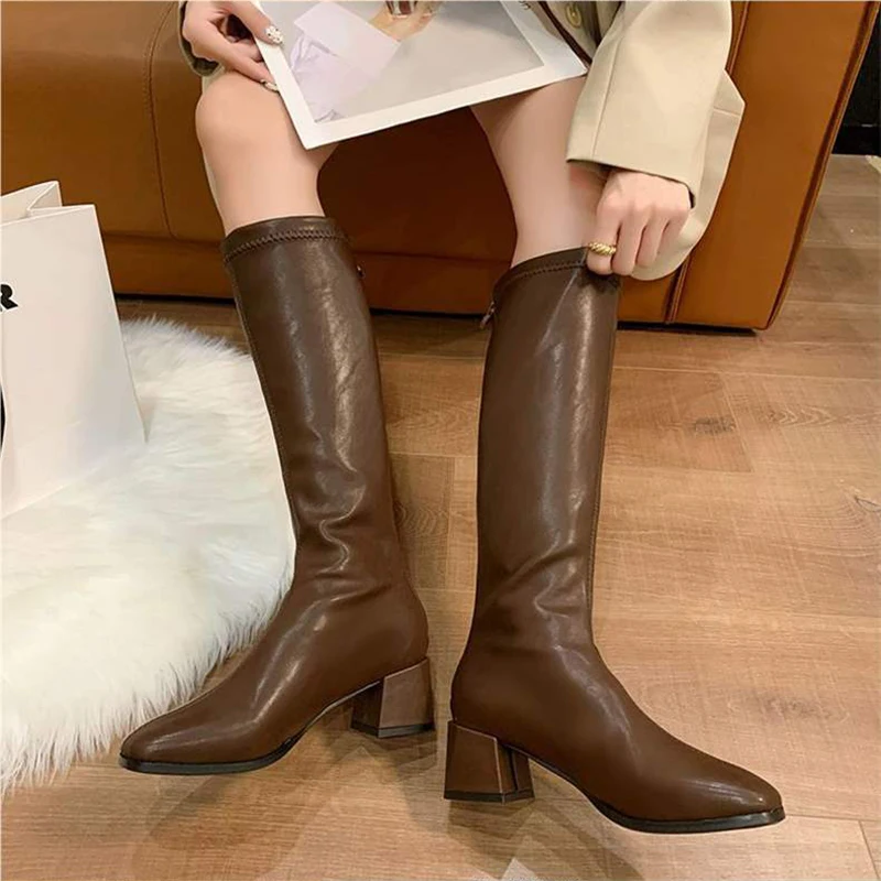 

Comemore Woman Knee High Booties Ladies Shoes Platform Thick Heel Leather Zip Woman Fashion Autumn Winter 2025 Women Long Boots