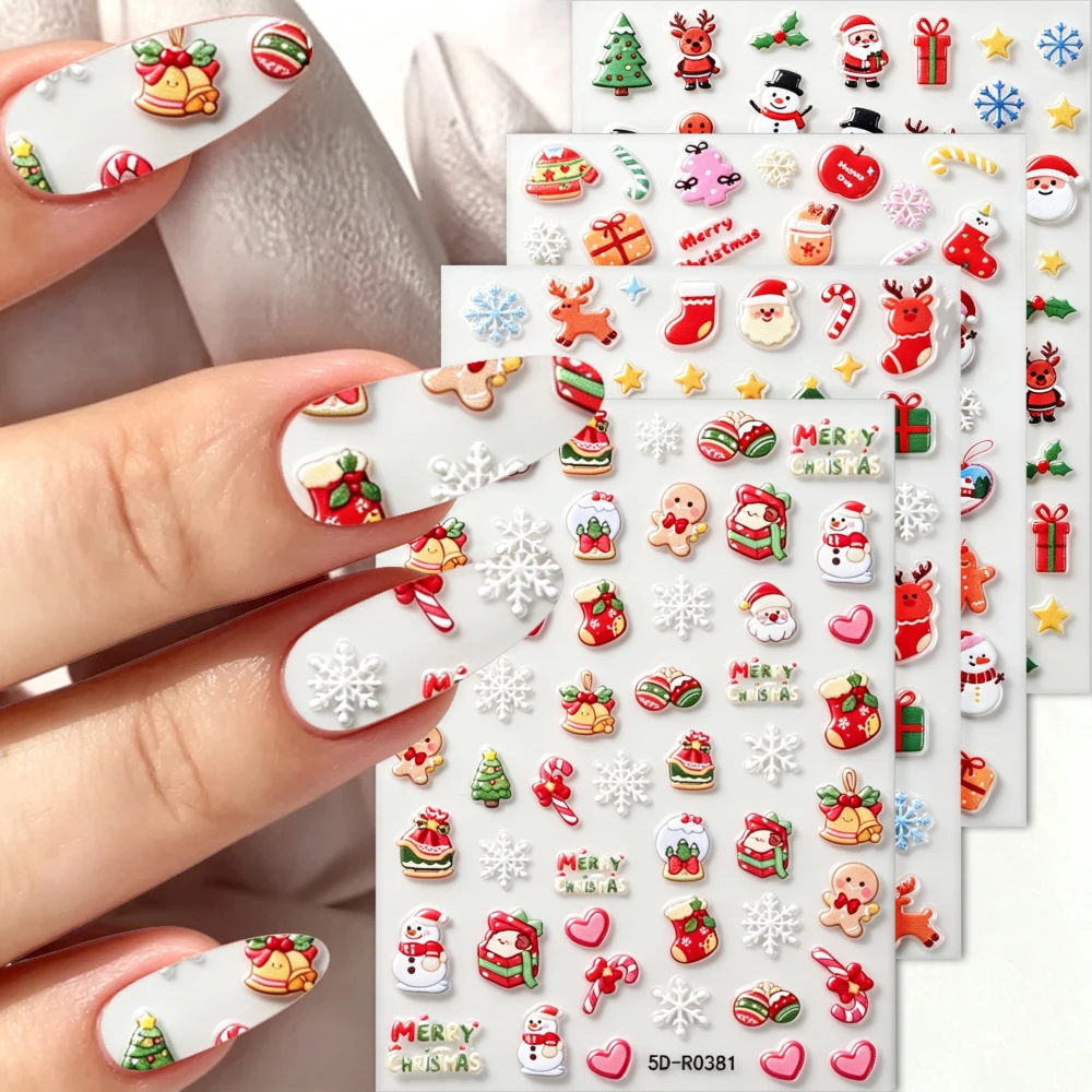 4Pcs 5D Santa Snowflakes Snowman Nail Stickers Gingerbread  Reindeer Xmas Tree Nails Decals DIY Winter Christmas Manicure Decor
