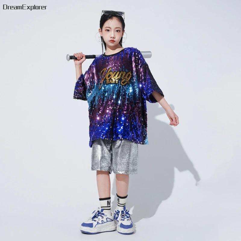 Boys Sequin Contrast T-shirt Hip Hop Joggers Girls Streetwear Kids Street Dance Shorts Clothes Sets Children Jazz Stage Costumes