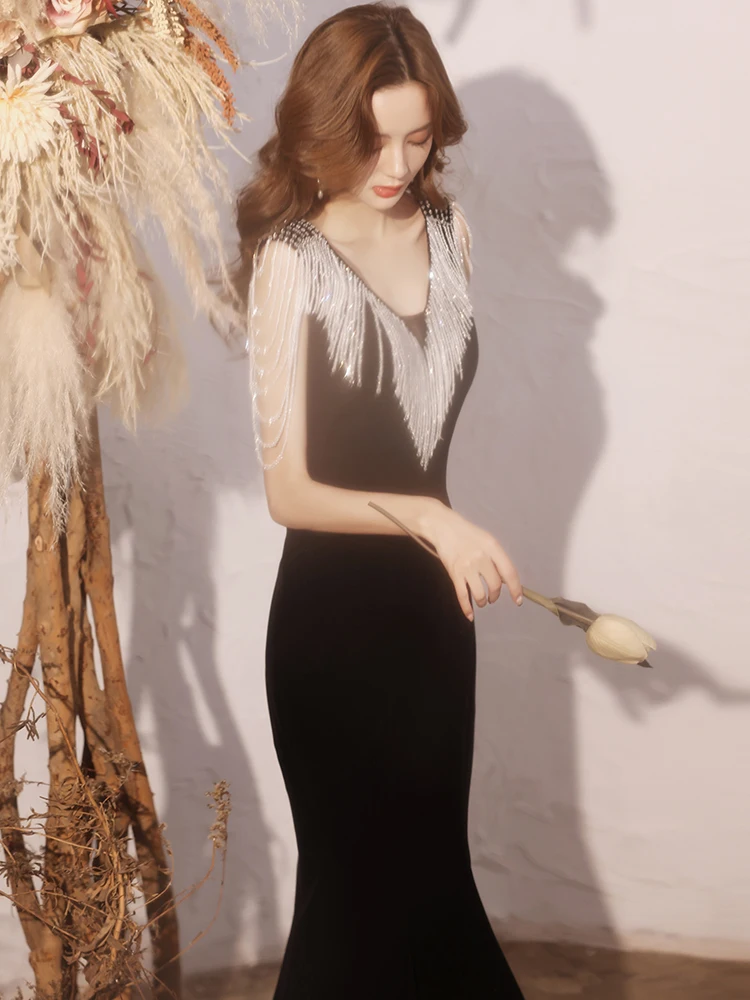 

Bla Sequin Evening Gown Women's High-End Luxury Fi Tail Ball Dr Ele Host Skirt Korean Sle Crystal Beads