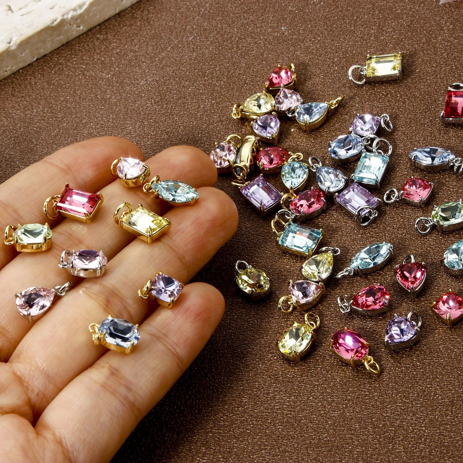 2Piece Multicolor Brass & Glass Geometric Charms Plated Oval Heart Olivary Rhombus Pendants For Necklace Bracelet Jewelry Making