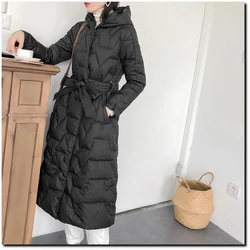 European Style Autumn Winter New Down Jacket Women Mid Length Lace Up Hooded Windproof Warm White Duck Down Women Coat Parkas